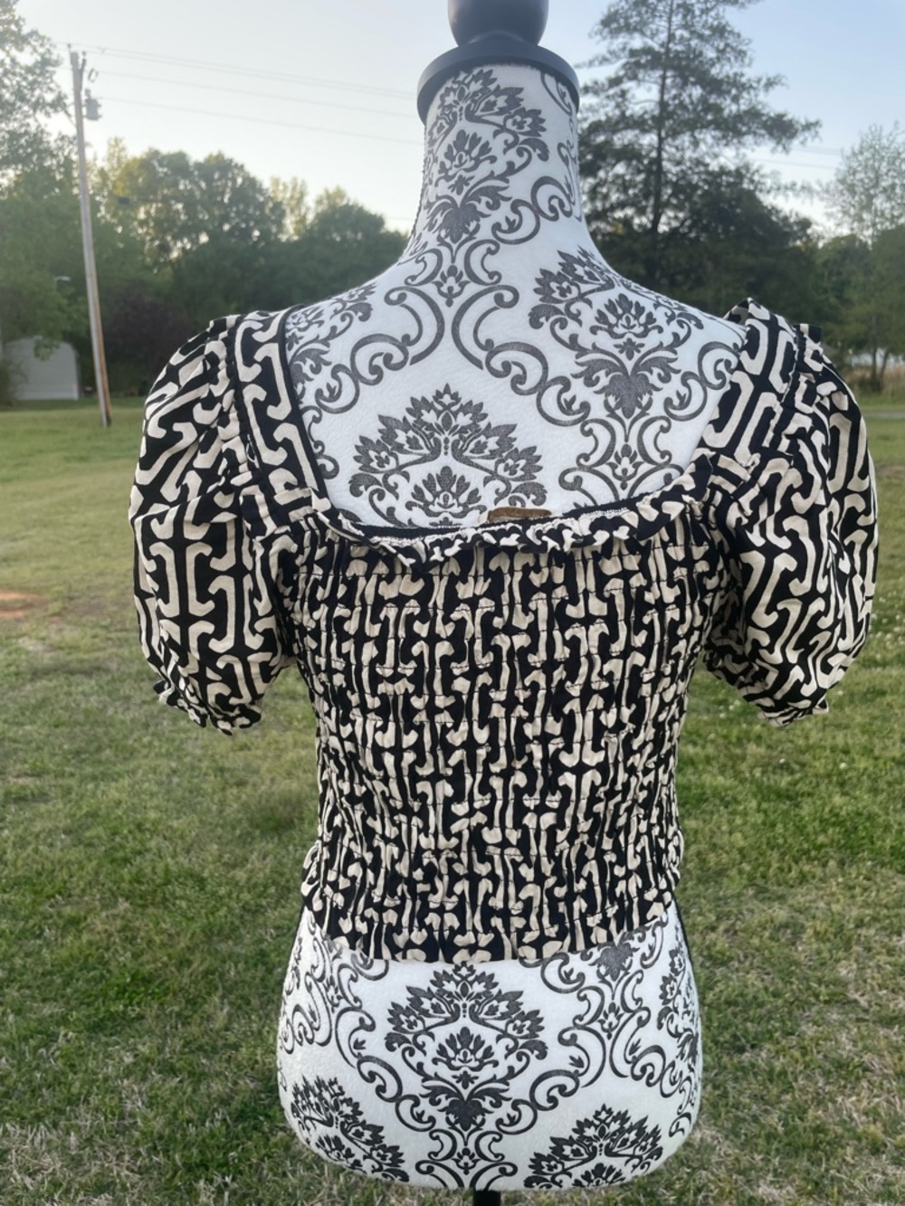 Monteau Black and Cream Smocked Puff Sleeve Crop Top